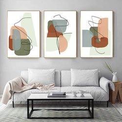 Abstract Shapes Art Prints Set Of 3 Digital Download Living Room Decor Abstract Poster Green Rust Wall Art Large Artwork