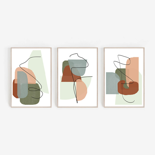 Three abstract modern posters in green-red tones