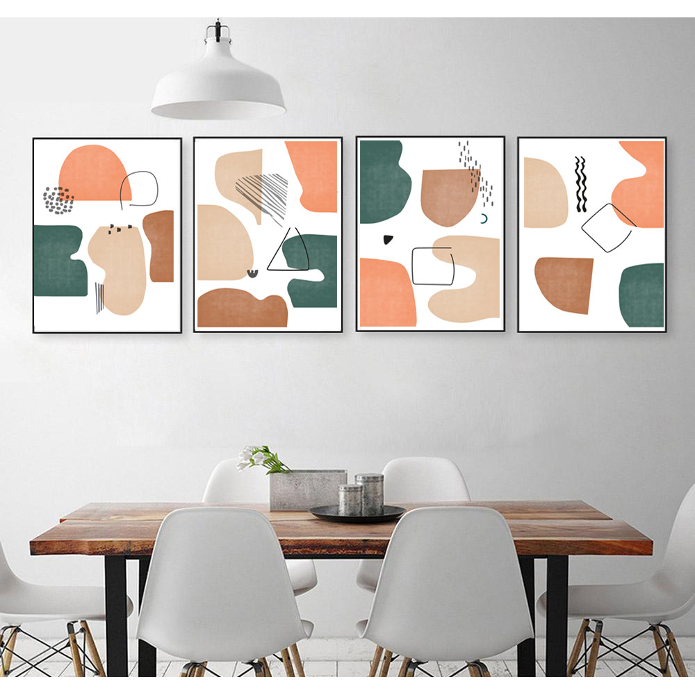 4 abstract posters in green and beige tones