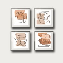 Abstract Line Art Modern Artwork Beige Wall Art Set Of 4 Pictures Downloadable Prints Scandi Print Mid Century Poster