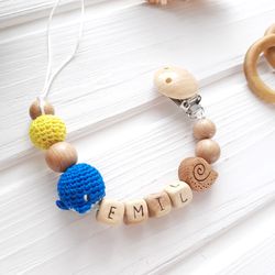 Personalized wood pacifier clip with name Whale dummy clip Ocean holder boy sea - crochet animal baby boy shower gift