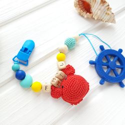 Personalised dummy clip crab holder boy sea - ocean wood pacifier clip with name crochet animal - first time mom gift