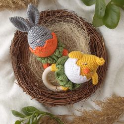 Crochet baby rattle pattern, set of 2 patterns, amigurumi chicken and bunny toys, Easter bunny baby rattle patern