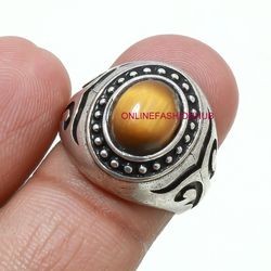 1 Pc Tiger's Eye Gemstone Silver Plated Design Men's Ring, Fashion Ring Jewelry, Handmade Rings For Gift To Him