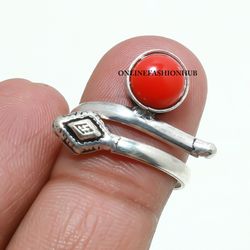 1 Pc Red Coral Gemstone Silver Plated Design Snake Ring, Fashion Ring Jewelry, Handmade Rings For Gift To Love