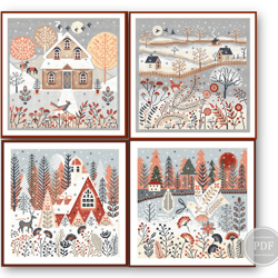 Cross Stitch Set 4 patterns, Winter, Fox, Deer Bird, Scandinavian, Winter Village Cross stitch, Winter House 292
