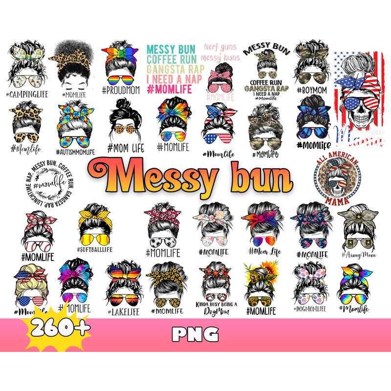 Messy Bun Bundle Svg, American Mom Life Svg, Mom Life Svg, Messy Hair With Glasses Svg.jpg