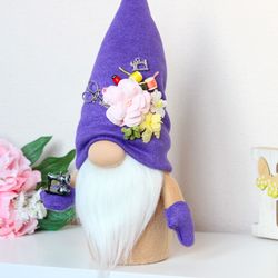Purple  Gnome with flower and mini  sewing machine