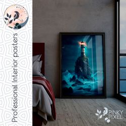 experience the thrill of the storm: digital jpg poster of a majestic lighthouse in the midst of nature's fury - digital