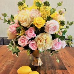 Large artificial flower arrangement in vase, Artificial flowers centerpiece, Pink and yellow flower bouquet, Table decor
