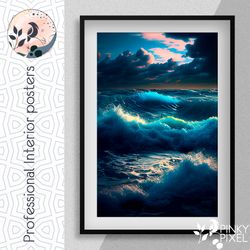 Ride the Waves of Imagination: Digital JPG Poster of a Majestic Ocean in Vivid Blue Tones - Digital Poster JPG