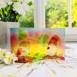 Glass Wave Art Stained Glass Gnome Painted Glass Panel Sun catcher Glass Screen Window Sill Art