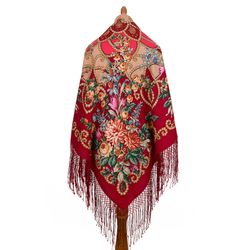 362-6 Authentic Pavlovo Posad Russian Shawl, beautiful floral soft wool warm multicolor scarf 148x148 cm, 58x58 inches