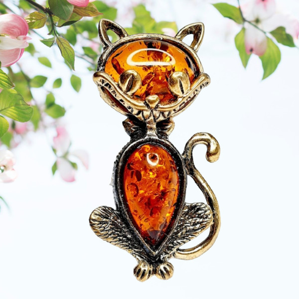 Cheshire Cat Brooch Amber Brass Jewelry Cartoon Brooch Loves Cat holiday christmas Gift.png