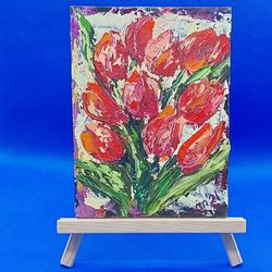 Red Tulips 3D Painting Impasto Bouquet Art Summer Flowers Painting Gift Picture Garden Flowers Original Oil Painting