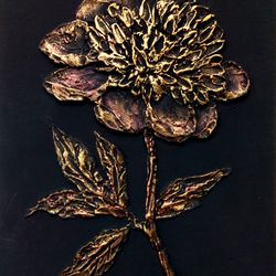 peony painting textured original art bas relief small flower painting floral black gold wall art 8"x 6" by colibri art