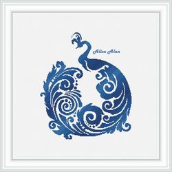 cross stitch pattern bird peacock silhouette tail curls monochrome blue phoenix counted cross stitch patterns pdf