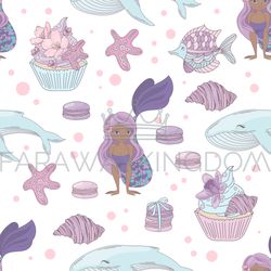 MERMAID AND WHALE Sea Seamless Pattern Vector Illustration