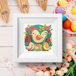 Easter cross stitch digital printable PDF pattern with chicks spring flowers and chocolate eggs for home decor and gift