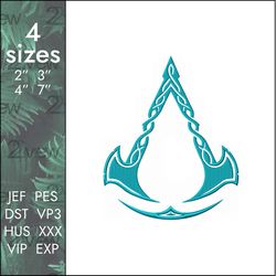 valhalla embroidery design, assasins creed videogame barbarian logo, 4 sizes