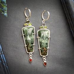 sterling silver earrings with serafinite, long earrings with green stone, elegant earrings