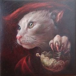 Oil portrait of a Magic Cat in a hat and with a sword  12x12 in