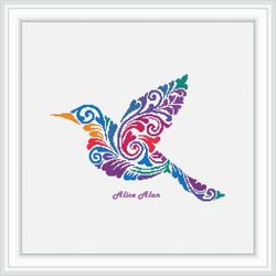 Cross stitch pattern bird Hummingbird silhouette ornament rainbow colibri coloful counted cross stitch patterns PDF