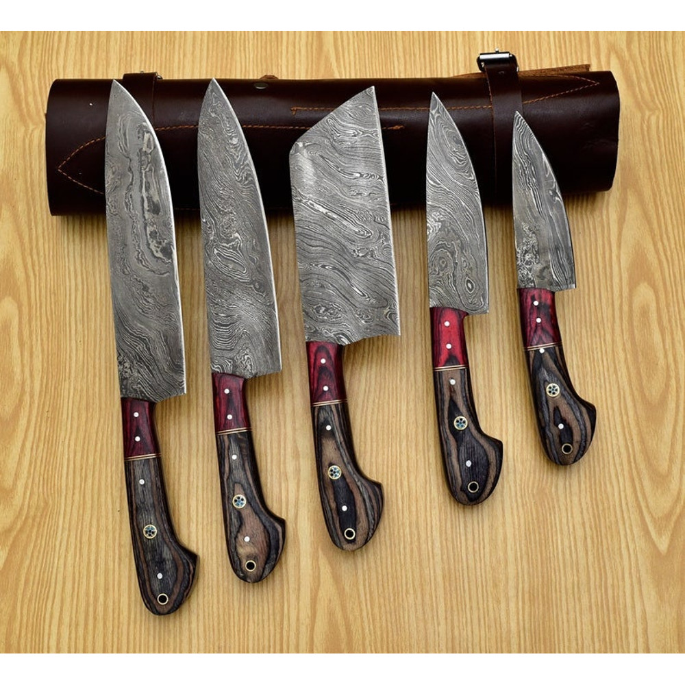 Handmade Damascus Chef set Of 5pcs With Leather Cover,Kichten Knife,Damascus Knife Set,Kitchen knives set,Personalized