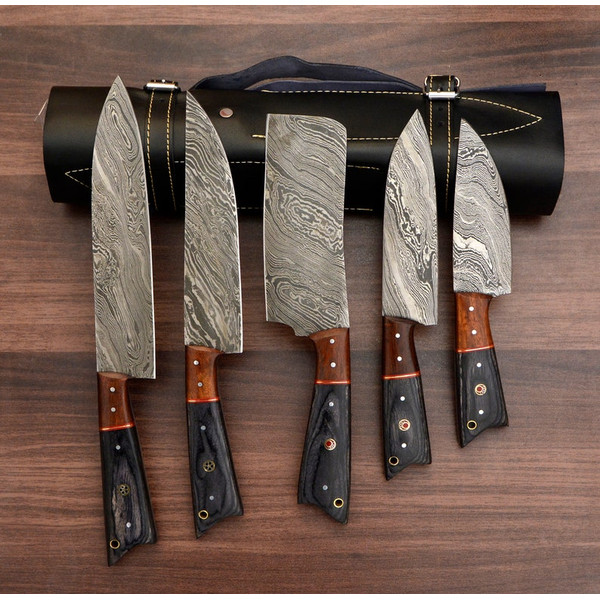 Handmade Damascus Chef set Of 5pcs With Leather Cover,Kichten Knife,Damascus Knife Set,Kitchen knives set,Personalized