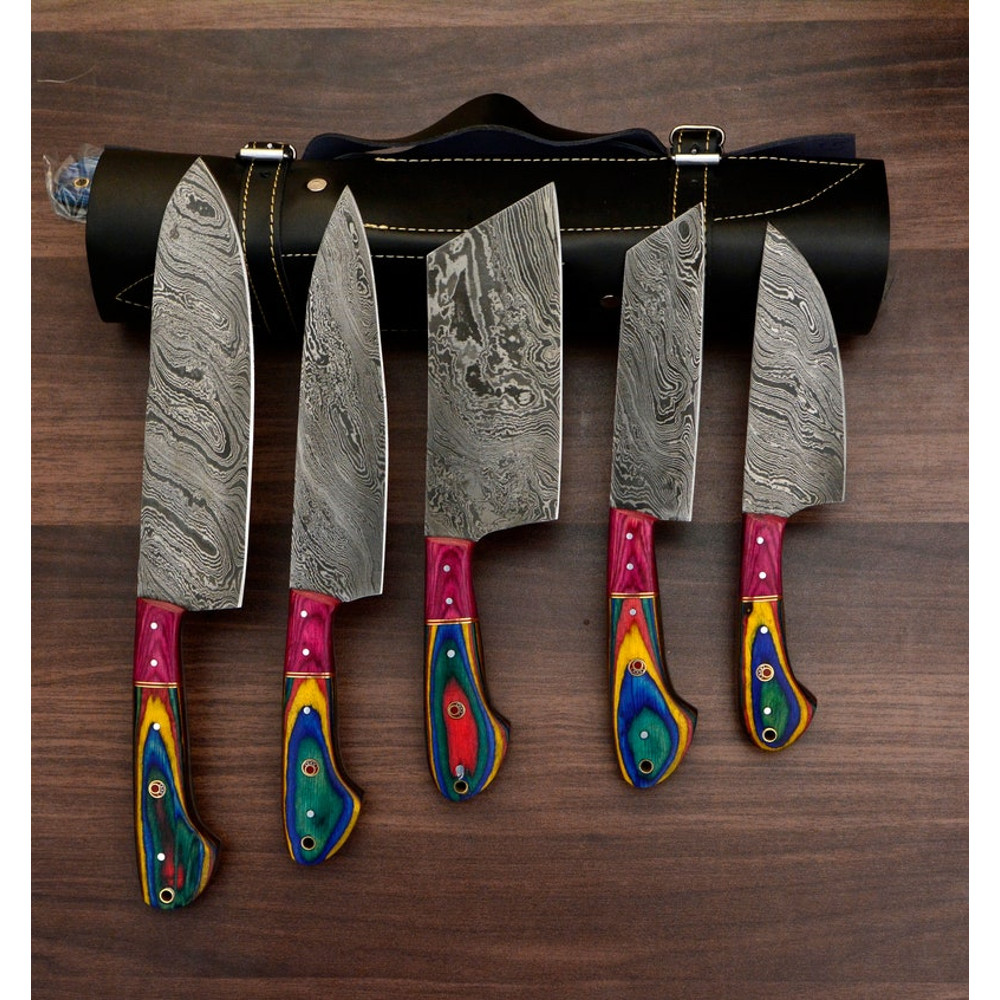 Handmade Damascus Chef set Of 5pcs With Leather Cover,Kichten Knife,Damascus Knife Set,Kitchen knives set,Personalized