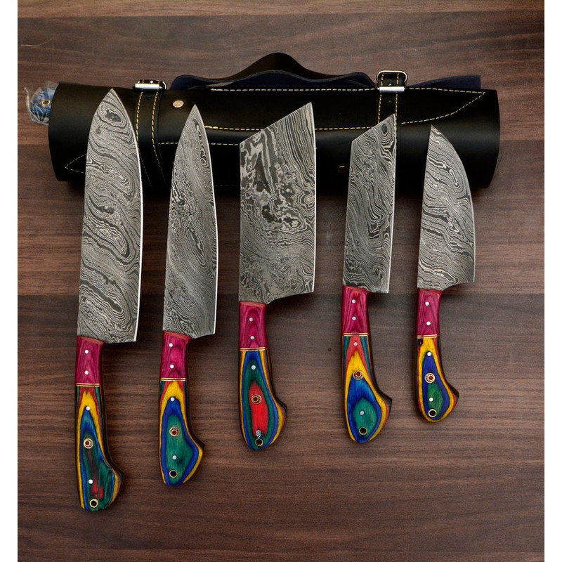 Handmade Damascus Chef set Of 5pcs With Leather Cover,Kichten Knife,Damascus Knife Set,Kitchen knives set,Personalized
