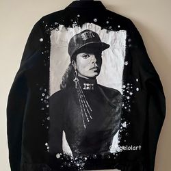 Janet Jackson Painted denim jacket Custom jacket Portrait from photo Personalized order Black denim jacket shirt