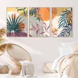 Boho Tropical Abstract Art Prints Set, 3 Piece Wall Art Above Bed Vertical, Abstract Botanical Prints, Artwork Above Bed