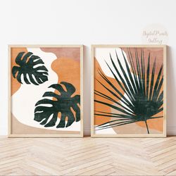Minimal Botanical Set of 2 Prints, Tropical Boho Art Print, Mid Century Modern, Green Orange Abstract Digital Download