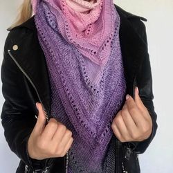 Purple knitted shawl Triangle handknit scarf for women Warm gift for Mom Knitted cover up Outlander shawl Birthday gift