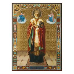Saint Nicholas the Wonderworker, Archbishop of Myra | Large XLG Gold foiled icon on wood | Size: 15 7/8" x 13"