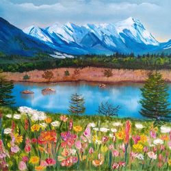 Mountain Landscape Painting Mountain Lake Flower Painting 19*27 inch Wildflowers