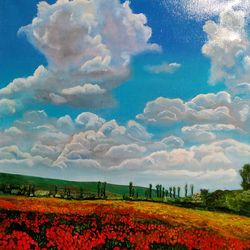 Field of Red Poppies Tuscan Landscape Wildflowers of Provence Art 27*31 inch Italy Oil Painting