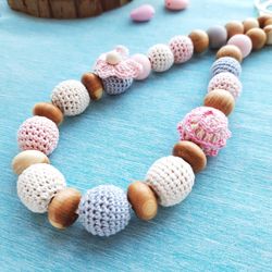 Wooden nursing breastfeeding necklace, little girl sensory necklace crochet pink gray neutral -  first time mom gift