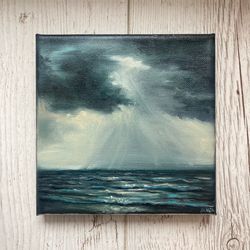 Original Ocean Oil Painting, Small Painting On Canvas, Seascape Art, Landscape Oil Painting, Rainy Ocean Painting