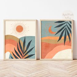 Boho Botanical Prints Set of 2, Sun And Moon Art Tropical Printables, Boho Colorful Living Room, Digital Download