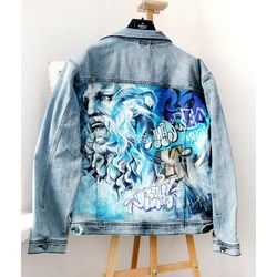 woman denim jacket with graffiti, hand painted jeans jacket, unique designer personalized pattern, custom clothing