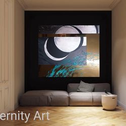 Silver, Gold and Black  turquoise "Three moon"  abstract art wall with with stainless steel. Painting Original  Wall Art