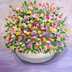 Oil painting Bright Flowers in a White vase Impasto Art Miniature 6 x 6 inches Original Painting brushstroke painting