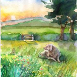 Sunset Watercolor Dog Landscape Village Countryside Summer Original Painting Wall Art Animal Cozy Golden Retriever Art