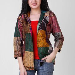 indian kantha silk jacket coat for women | vintage handloom handmade pure silk jacket | boho hippie multi color jacket