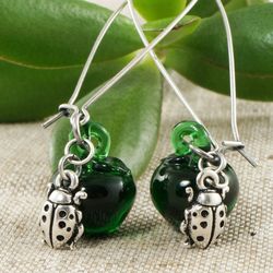 Green Apple Lampwork Murano Glass Earrings Silver Ladybug Ladybird Long Dangle Fruit Raw Vegan Earrings Jewelry 5013