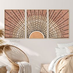 Boho Sun Terracotta Wall Art Set of 3 Prints, Sunburst Mid Century Modern Art , Bedroom Wall Decor, Abstract Sun Print