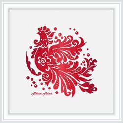 Cross stitch pattern bird Rooster silhouette floral ornament monochrome red kitchen chicken counted crossstitch patterns