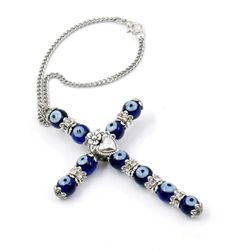 holy cross pendant | blue glass beads | evil eye protection | car rearview mirror ornament | blessings | faith | hope